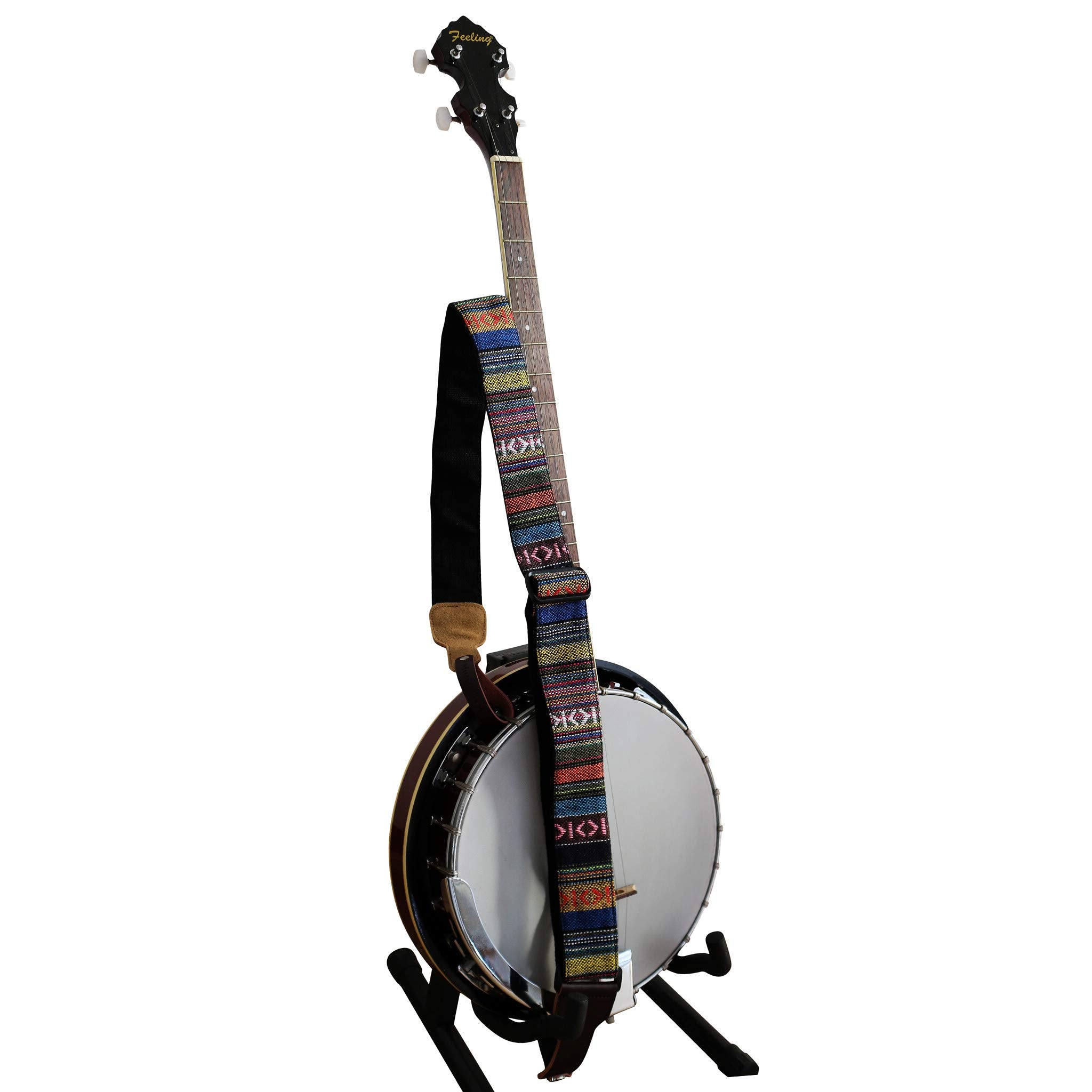MUSIC FIRST Original Design, 2 inch width (5cm), Classic Country Style Yarn-dyed fabric & Genuine Leather Delux Banjo Strap, Wit